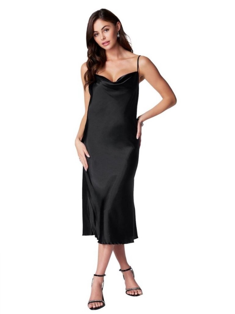 BEBE satin midi slip dress black